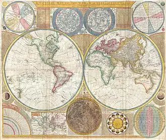 Image 15A general map of the world by Samuel Dunn, 1794, containing star chart, map of the Solar System, map of the Moon and other features along with Earth's both hemispheres. (from History of cartography)