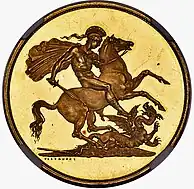 Gold coin showing a naked man, intended to be a knight, battling a dragon