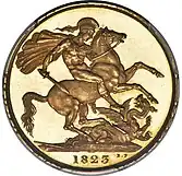 Gold coin showing a naked man, intended to be a knight, battling a dragon