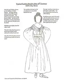 Image Text: Typical Fashion Details of the 19th Century 1830's Day Dress Very full Leg-O-Mutton sleeves are the hallmark of 1830's dresses. The large sleeves extend out from the dropped shoulder of the dress. The fullness reaches its peak during the mid-1830s. By the late 30's the fullness is being pleated down on the upper arm and puffs out at the elbow. Waistlines are slightly above the natural waist. The skirt is fuller than the previous decade and slightly shorter, allowing the ankles to peek out. Very fine (1/8 inch) piping is found in almost every bodice and sleeve seam. The neckline is still wide on the shoulders but is rising higher towards the neck. The open neckline is often filled in with tuckers (chemisette). The hair is frequently covered with a ruffled daycap. Pockets are worn around the waist under the skirts and are accessed through slits in the skirt. Pockets are often made up of scraps of fabric patchworked together. Drawn and Compiled by Ericka Mason, copyrighted.