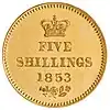 Coin with inscription "Five shillings 1853"