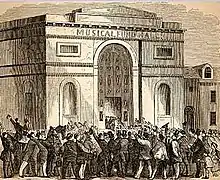 Image 30A woodcut illustration of the crowd at the first Republican National Convention in 1856 at Musical Fund Hall at 808 Locust Street in Philadelphia (from History of Pennsylvania)