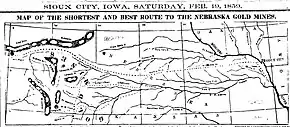 Image 61859 map of route from Sioux City, Iowa, through Nebraska, to gold fields of Wyoming, partially following old Mormon trails. (from History of Nebraska)