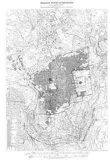 A detailed technical ordnance survey map of Jerusalem from the 19th century