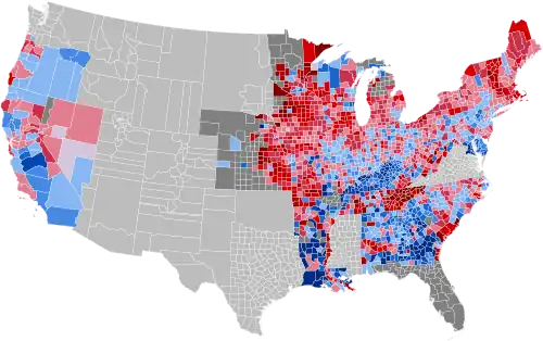 Results by county, shaded according to winning candidate's percentage of the vote