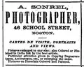 Advertisement for A. Sonrel, photographer, School Street, Boston, 1868