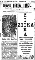 Advertisement for "Zitka" with May Wheeler, 1889