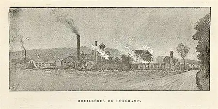 The shaft at the end of its lifespan, c. 1894. The Appolts furnaces have disappeared and the horizontal furnaces can be seen on the right. In the background on the left, the chimney of the Notre-Dame shaft is shown fuming.