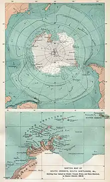  The upper of the two maps gives a projected outline of the then largely undiscovered coast of continental Antarctica, and shows its relations to the landmasses of South America, Africa and Australia. The lower map is an approximate representation of the Antarctic peninsula as envisaged in the late 19th century.