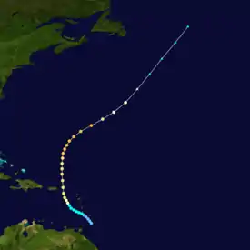 Map of the western Atlantic depicting the track of the hurricane