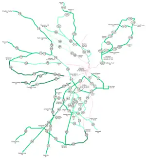 Boston Elevated Railway streetcar lines in 1940. Lighter lines were abandoned earlier; the darkest ones still existed in 1969.