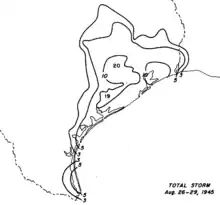 Black and white contoured map of rainfall amounts. Each line represents an interval of 3 in (76 mm) of precipitation.