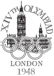 The Palace of Westminster, a Gothic architecture building with two towers, sits behind the Olympic rings. The words "XIVth Olympiad" is written across the top in a semi-circular shape, while the words "London 1948" is written at the bottom of the logo.