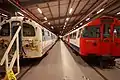 Class 487 vehicle alongside a 1967 Stock unit at the London Transport Museum depot in Acton