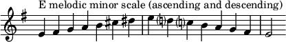  {
\omit Score.TimeSignature \relative c' {
  \key e \minor \time 7/4 e^"E melodic minor scale (ascending and descending)" fis g a b cis dis e d? c? b a g fis e2
} }
