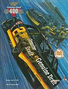 The 1991 Miller Genuine Draft 400 program cover, featuring Rusty Wallace. Artwork by NASCAR artist Sam Bass.