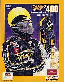 The 1993 Miller Genuine Draft 400 program cover, featuring Rusty Wallace. Artwork by NASCAR artist Sam Bass.