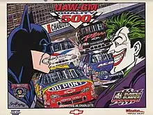 The 1998 UAW-GM Quality 500 program cover, featuring Batman and the Joker as a promotional stunt with Robert Yates Racing. Artwork by NASCAR artist Sam Bass.