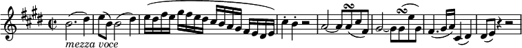  { \tempo 4 = 60 \set Score.tempoHideNote=##t \set Staff.midiInstrument = "violin" \relative b' { \key e \major \time 2/2
b2.( _\markup { \italic "mezza voce" } dis4) | e8( b) b2( dis4) | e16([ dis fis e] gis[ fis e dis] cis[ b a gis] fis[ e dis e]) |
cis'4-. b-. r2 | a2~ a8 a( \turn cis fis,) |
gis2~ gis8  gis( \turn e' gis,) | fis4.( gis16 a) cis,4( dis) | dis8( e) r4 r2 }}
\layout { \context { \Score \override SpacingSpanner.common-shortest-duration = #(ly:make-moment 1/4) }} 