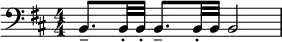  \relative c { \clef bass \key b \minor \numericTimeSignature \time 4/4 b8.-- b32-. b-. b8.-- b32-. b b2 } 