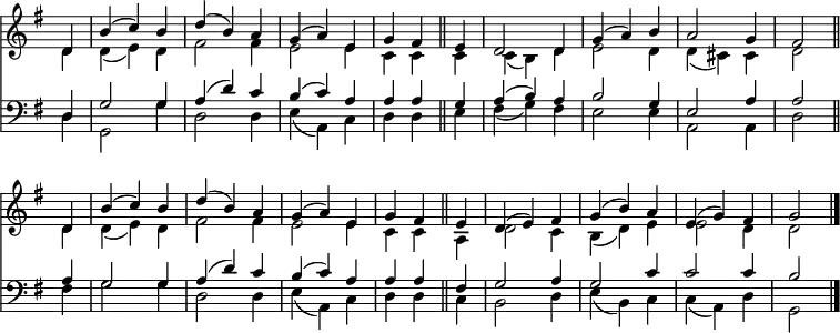 
<< <<
\new Staff { \clef treble \time 3/4 \partial 4 \key g \major \set Staff.midiInstrument = "church organ" \omit Staff.TimeSignature \set Score.tempoHideNote = ##t \override Score.BarNumber  #'transparent = ##t
  \relative c'
  << { d4 | b'( c) b | d( b) a | g( a) e | g fis \bar"||"
  e | d2 d4 | g( a) b | a2 g4 | fis2 \bar"||" \break
  d4 | b'( c) b | d( b) a | g( a) e | g fis \bar"||"
  e | d( e) fis | g( b) a | e( g) fis | g2 \bar"|." } \\
  { d4 | d( e) d | fis2 fis4 | e2 e4 | c c
  c | c( b) d | e2 d4 | d( cis) cis | d2
  d4 | d( e) d | fis2 fis4 | e2 e4 | c c
  a | d2 c4 | b( d) e | e2 d4 | d2 } >>
}
\new Staff { \clef bass \key g \major \set Staff.midiInstrument = "church organ" \omit Staff.TimeSignature
  \relative c
  << { d4 | g2 g4 | a( d) c | b( c) a | a a
  g | a( b) a| b2 g4 | e2 a4 | a2
  a4 | g2 g4 | a( d) c | b( c) a | a a
  fis | g2 a4 | g2 c4 | c2 c4 | b2 } \\
  { d,4 | g,2 g'4 | d2 d4 | e( a,) c | d d
  e | fis( g) fis | e2 e4 | a,2 a4 | d2
  fis4 | g2 g4 | d2 d4 | e( a,) c | d d
  c | b2 d4 | e( b) c | c( a) d | g,2 } >>
}
>> >>
\layout { indent = #0 }
\midi { \tempo 4 = 100 }
