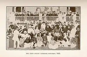 The first session of the Indian National Congress in 1885.  A. O. Hume, the founder, is shown in the middle (third row from the front).  The Congress was the first modern nationalist movement to emerge in the British Empire in Asia and Africa.