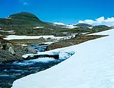 2001. Sommerklopp (sommer = summer, klopp = small bridge) across Rossdøla between Geiteryggen and Stemberdalen. Bolhovd can be seen in the background.