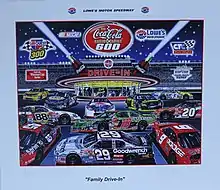 The 2002 Coca-Cola Racing Family 600 program cover, featuring the drivers in the Coca-Cola Racing Family. Artwork by NASCAR artist Sam Bass. "Family Drive-In"