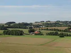 Rural scene with highway bridge in background