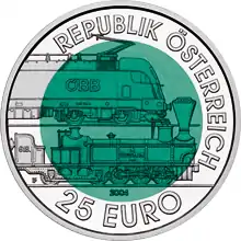 Coin with a dark green cener and a silvery outer rim. The rim reads: Republik Österreich 25 Euro. The centere shows electric and a steam driven locomotive