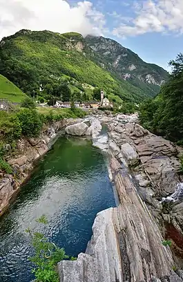 View of the Verzasca at the village of Lavertezzo.