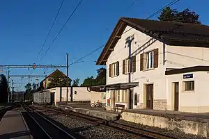 Two-story building with gabled roof