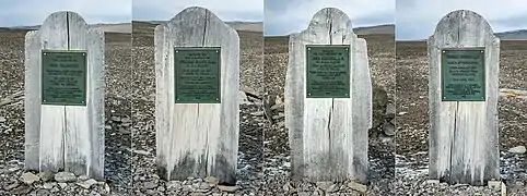 (L–R) Three grave stones commemorate John Torrington, William Braine and John Hartnell of the Franklin Expedition. A fourth headstone marks the grave of a sailor named Thomas Morgan who came later in a Franklin search expedition and died at the camp.