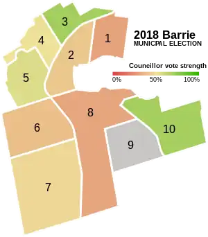 A map of Barrie with each of the 10 wards labelled and coloured according to the data listed below