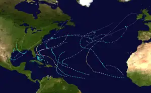 A map of the tracks of all the storms of the 2019 Atlantic hurricane season.