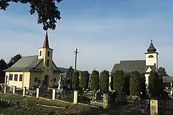 Lutheran (left) and Catholic (right) churches with respective cemeteries