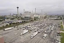 Aerial view of tents at a parking lot