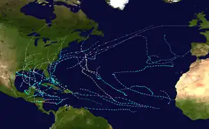 A map of the tracks of all the storms of the 2020 Atlantic hurricane season.