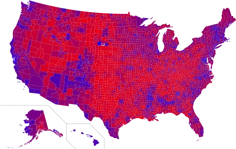 Shaded election results by county (red-purple-blue scale)