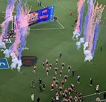 The Melbourne players running through their banner.