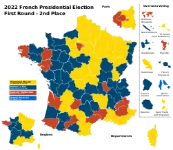 Map of which candidate placed second in every department during the first round