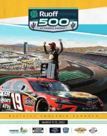 The 2022 Ruoff Mortgage 500 program cover, featuring Martin Truex Jr., winner of last year's race.