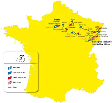 Route map showing the race stages with their start and finish towns