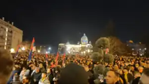 Demonstrators outside the building of the City Assembly of Belgrade