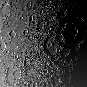 Vivaldi is the large, shadow-filled, double ringed crater to the upper right.  From MESSENGER's first flyby in January 2008.