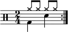 
    \new Staff <<
       \new voice \relative c' {
           \clef percussion
           \numericTimeSignature
           \time 2/4
           \set Score.tempoHideNote = ##t \tempo 4 = 100
           \stemDown \repeat volta 2 { g4 d' }
       }
       \new voice \relative c'' {
           \override NoteHead.style = #'cross
           \stemUp \repeat volta 2 { a8 a a a }
       }
   >>
