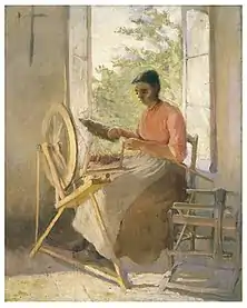 Oil painting of an intensely focused woman sitting in front of a spinning wheel in front of an open window. Sunlight comes from the window and left side of the scene.