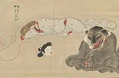 22 Nukekubi (ぬけくび) are female yōkai whose heads detach from their bodies at night to hunt and prey on human blood. Their heads can either detach completely or remain attached by a string-like neck. They are a variation of the Rokurokubi (轆轤首) yōkai. Nukekubi are ordinary women by day but bloodthirsty hunters at night, all without their knowledge. Their methods of hunting include sucking their victims' blood or biting them. The curse of Nukekubi is often spread from mothers to daughters, and there is no certain cure. Stories of the Nukekubi appear as early as the Heian period.