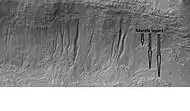 Gullies and layers in mantle on a wall, as seen by HiRISE under HiWish program.  Location is Eridania quadrangle.