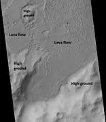 Lava flows moving around higher ground, as seen by HiRISE under HiWish program